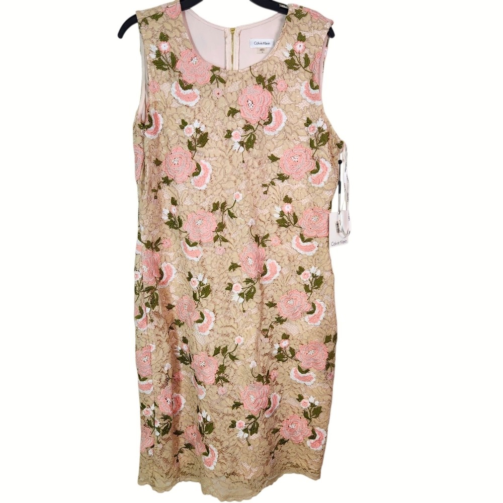 Calvin Klein Pink Green Floral Embroidered Lace Dress – Size 14-NWT